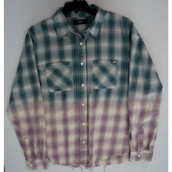 AMIRI Men's Sz L Green/Purple Distressed Ombré Plaid Button-Down L/S Shirt - Picture 9 of 16